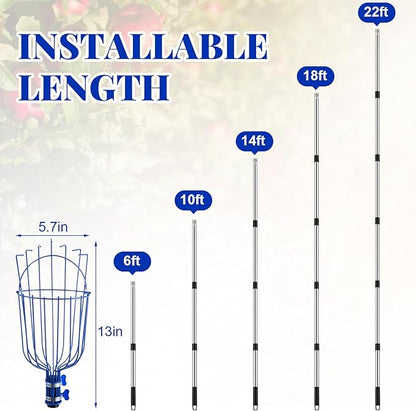 22.5ft Adjustable Fruit Picker Pole with Basket Long Handle with Storage Bag and Gloves Fruit Picker Equipment for Lemons Apples Avocados Picking (Blue)