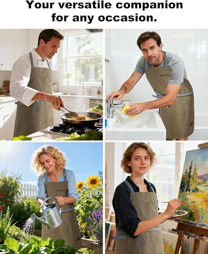 Womens Apron With Pockets Adjustable Shoulder Strap,Apron For Men 38.5" Extra-Long Straps Fit More Body Types,Chef Apron For Kitchen Garden Barbecue Woodworking