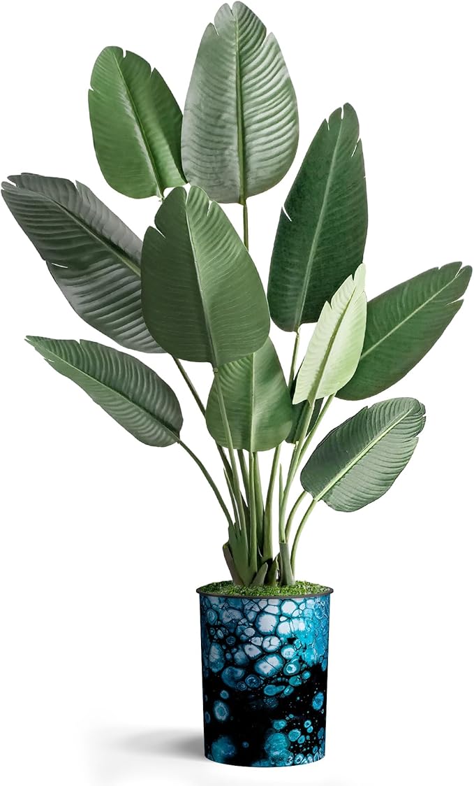 Artificial Tree in Blue & Black Bubble Modern Planter, Fake Bird of Paradise Silk Trees for Indoor and Outdoor Home Decoration - 58" Overall Tall (Plant Pot Plus Tree)