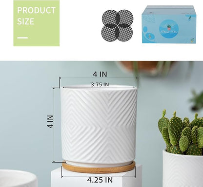 4 Inch Ceramic Planter with Drainage Hole and Saucer, Geometry Design Succulent Plant Pots, Flower Pot for Indoor & Outdoor Snake Plant Succulent Cactus & Herbs, Set of 4 (Plants Not Included )