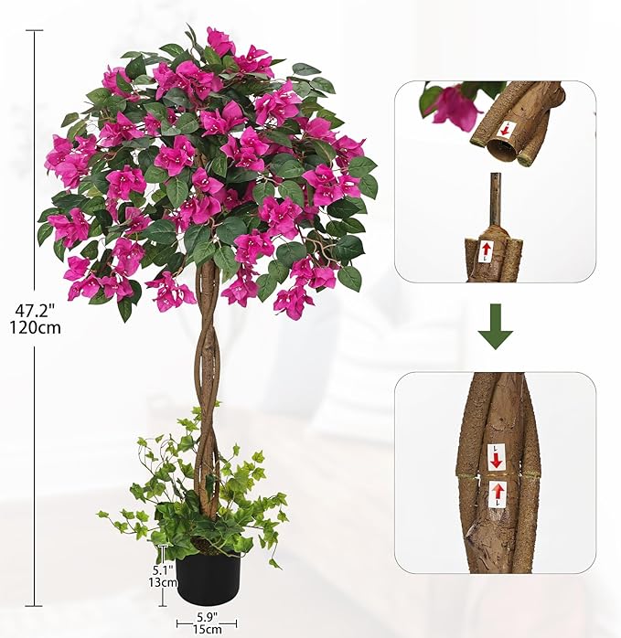Briful 3.94FT Artificial Bougainvillea Tree in Pot – Faux Silk Bougainvillea Floral Tree Decorative Pink Fake Trees for Home Office Living Room Indoor Outdoor Décor