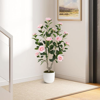Goplus 36’’ Artificial Camellia Tree, Flower Plants Artificial Tree, Faux Floral Plant Blooming Tree in Nursery Pot, Greenery Potted Plant for Indoor Office Home Porch Decor, Pink