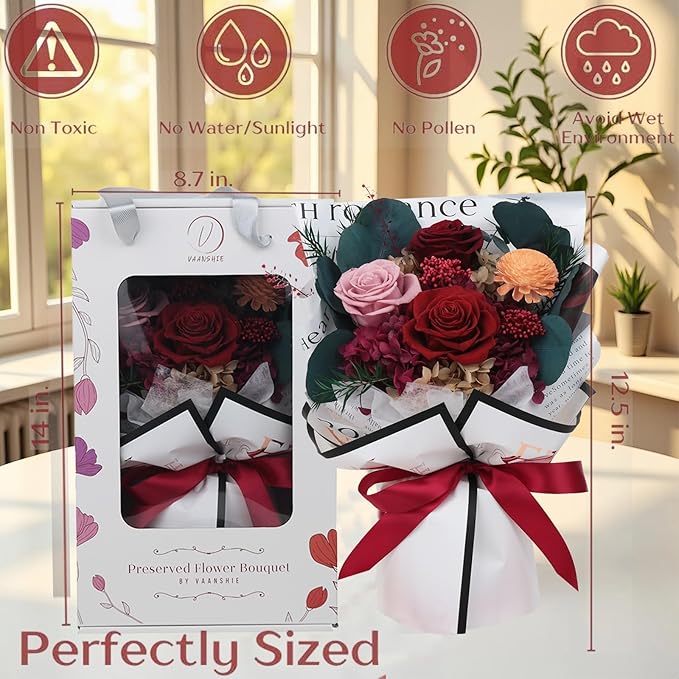 Forever Flowers Bouquet, Preserved Long Lasting Pink-Red Roses Flower Bouquet for Valentine’s Day, Christmas, Anniversary, Birthday Gifts for Her