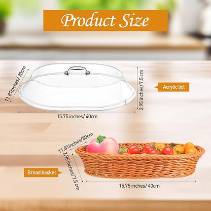 Hushee 2 Set Imitation Rattan Bread Basket with Lid Wicker Bread Baskets for Serving Woven Fruit Basket with Cover Oval Food Baskets for Food Vegetables Display(15.75 x 11.81 Inch)