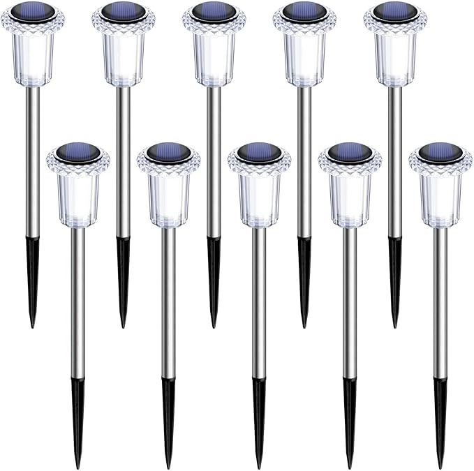 DenicMic Solar Lights Outdoor 10 Pack Waterproof Solar Christmas Lights Outdoor 6000K Cold White LED Stainless Steel Stake for Pathway Yard Garden Driveway Outside Decor