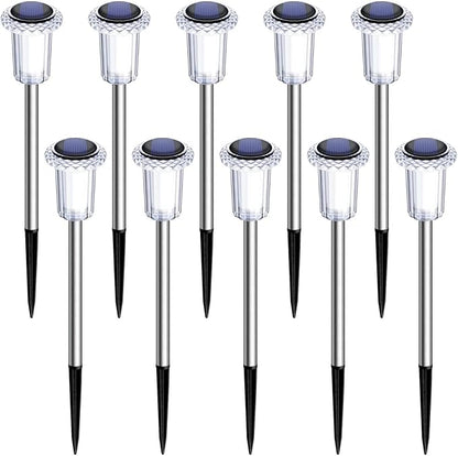 DenicMic Solar Lights Outdoor 10 Pack Waterproof Solar Christmas Lights Outdoor 6000K Cold White LED Stainless Steel Stake for Pathway Yard Garden Driveway Outside Decor