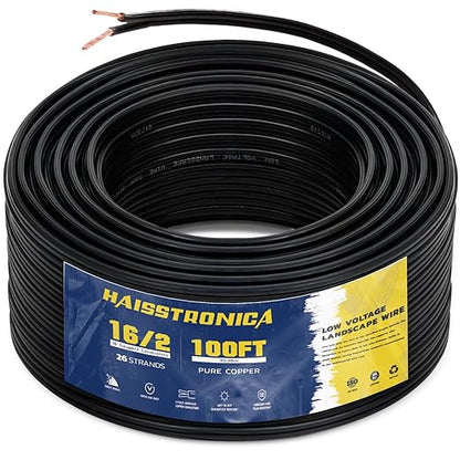 haisstronica 16/2 Low Voltage Landscape Wire 100ft - Copper Direct Burial Waterproof Cable for Landscape Lighting, Outoor Pathway Lights & Garden LED,UL Listed,UV Resistant