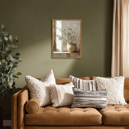 Framed Vintage Olive Tree Wall Art, 3D Textured Sandstone Botanical Pictures Wall Decor, Rustic Neutral Potted Plant Paintings Prints Aesthetic Farmhouse Home Decor for Living Room Bedroom 12x16 inch