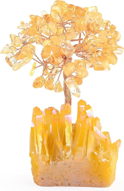 Natural Citrine Crystal Tree with Yellow Titanium Quartz Base,Healing Crystals Chakra Balance Positive Energy Feng Shui Money Bonsai Tree Home Decor for Wealth and Luck