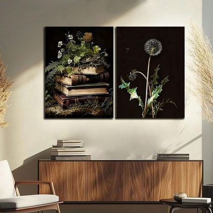 Kdyudo 2 pcs Vintage Botanical Canvas Wall Art, Gothic Dark Collegiate Style, Book Image Printing Atmosphere, Rustic Floral Painting Poster Artwork, Suitable for Study Gallery Wall Decor 12x16 inch