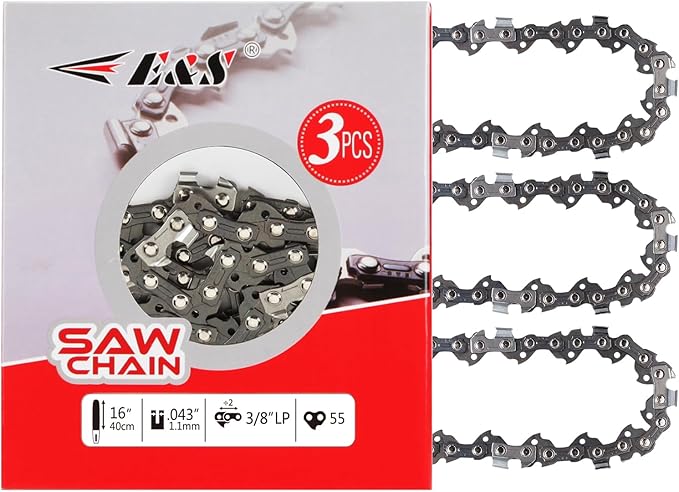 E & S 3 Pack 16 Inch Chainsaw Chain 3/8" LP Pitch .043" Gauge 55 Drive Links Semi-Chisel Chain Saw Chains for Husqvarna, Poulan, Craftsman, Greenworks and More Chainsaw Brands