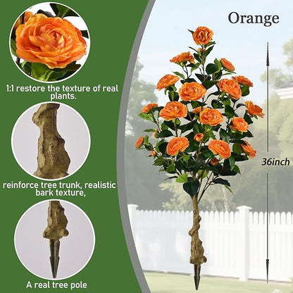Artificial Camellia Tree with Spike, 36” Tall Faux Artificial Plants Outdoor Flower Tree with Orange Blooming Camellia Flower, Fake Flower Tree for Home, Garden Decor(Orange)