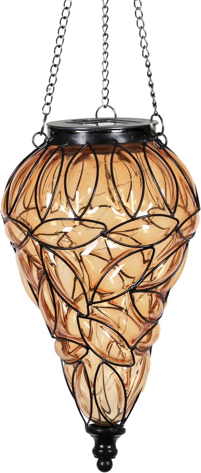 Solar Hanging Lantern Outdoor Garden Lights, Tear-Shaped Glass and Metal Hanging Lantern, 15 Firefly LED Lights, 7 x 24 Inch (Amber)