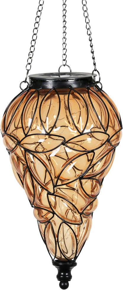 Solar Hanging Lantern Outdoor Garden Lights, Tear-Shaped Glass and Metal Hanging Lantern, 15 Firefly LED Lights, 7 x 24 Inch (Amber)