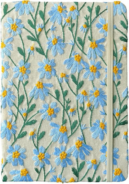 A5 Notebook, Flower Journal, Embroidered Notebook, 8"x6", Hardcover, Lay Flat, Lined, Wide Ruled Paper, Personalized Notebook, Pretty Journal, Daisy Gifts for Women, Blue, with Elastic Band