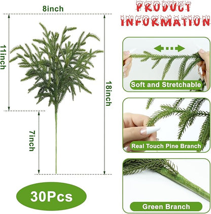 Artgar 30 Pcs Pine Branches - 18 Inch Artificial Green Pine Stem - Real Touch Christmas Greenery Pines Branches for DIY Flower Arrangement Home Indoor Christmas Decor