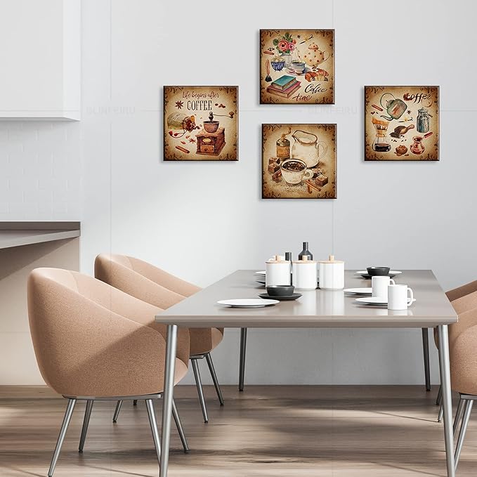 BLINFEIRU Kitchen Wall Art Coffee Decor Canvas Prints Vintage Brown Pictures for Coffee Bar Wall Decor 4 Panel Modern Artwork for Dining Room Cafe Restaurant Decorations Framed 12" Wx12 Hx4