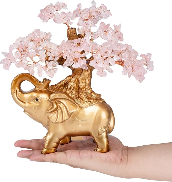 Rose Quartz Crystal Money Tree on Gold Mini Elephant Statue, 10”Gemstone Bonsai Tree of Life Home Décor Gifts for Wealth Positive Energy, Feng Shui Décor