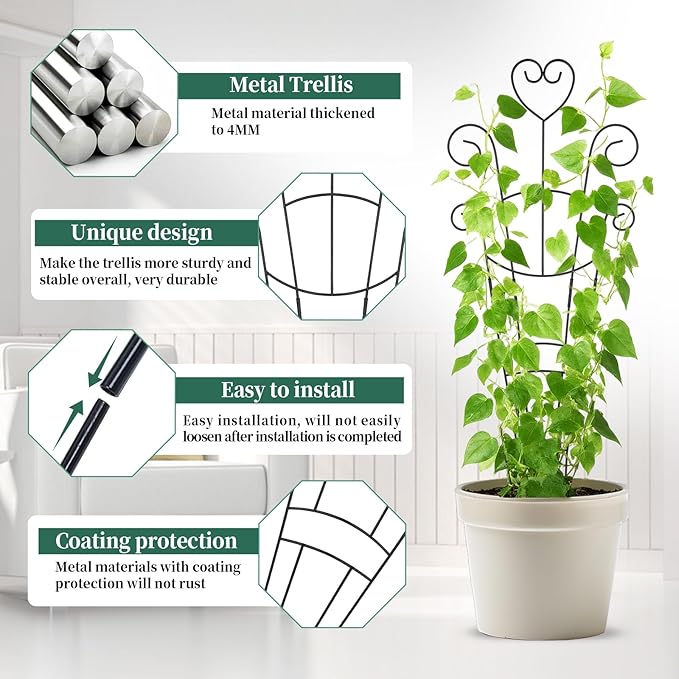30Inch Plant Trellis for Climbing Plants Outdoor,Indoor Metal Garden Trellis for Potted Plants, Houseplant Plant Support Indoor Outdoor for Ivy Pothos Monstera Hoya Flower Vine Black Heart 2 Pack(2)