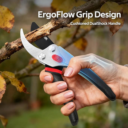 8.5” Pruning Shears, Professional Garden Pruner with Jam-Proof Spring & Ever-Sharp SK5 Blade, Ergonomic Bypass Clippers for Rose, Tree Trimming, Heavy Duty Bonsai Scissor for Weak Hand