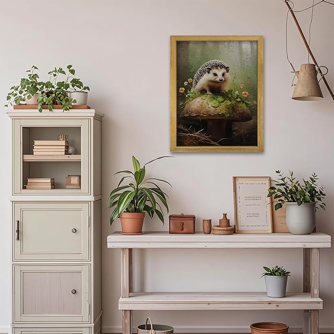 SAMHOU Framed Hedgehog Decor Painting, 3D Textured Hand Drawn Sandstone Wall Art, Vintage Rustic Woodland Cottagecore Wall Decor, Cute Animal Nursery Print Oil Paintings 12''x16''