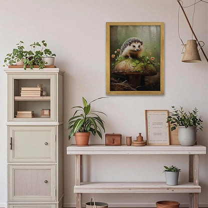 SAMHOU Framed Hedgehog Decor Painting, 3D Textured Hand Drawn Sandstone Wall Art, Vintage Rustic Woodland Cottagecore Wall Decor, Cute Animal Nursery Print Oil Paintings 12''x16''