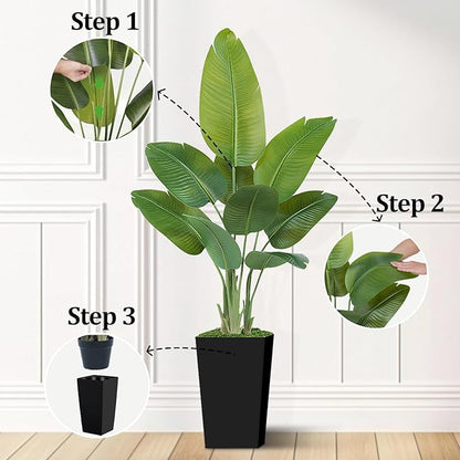 Lifelike Bird of Paradise Artificial Plant 5ft Faux Banana Leaf Tree with Black Tall Planter for Home Decor - Perfect Indoor Silk Floor Plant for Living Room, Office, and Bedroom Ambiance Enhancement