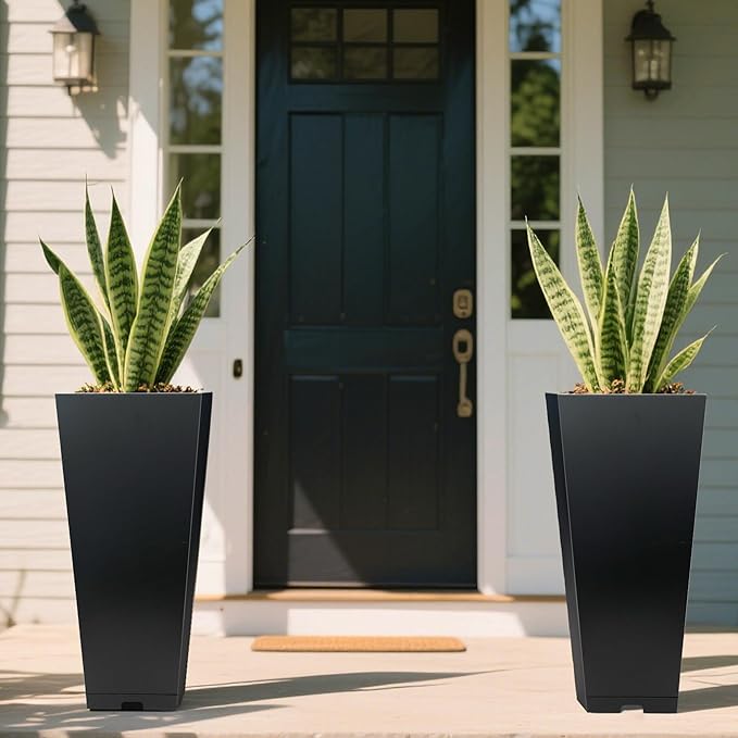 2-Pack Tall Galvanized Steel Planter Boxes with Quick-Clear Drains & Tray– Decorative 28" H Taper Planter for Indoors & Outdoors, Sturdy Metal Flower Pots for Birthday Festival & Decor