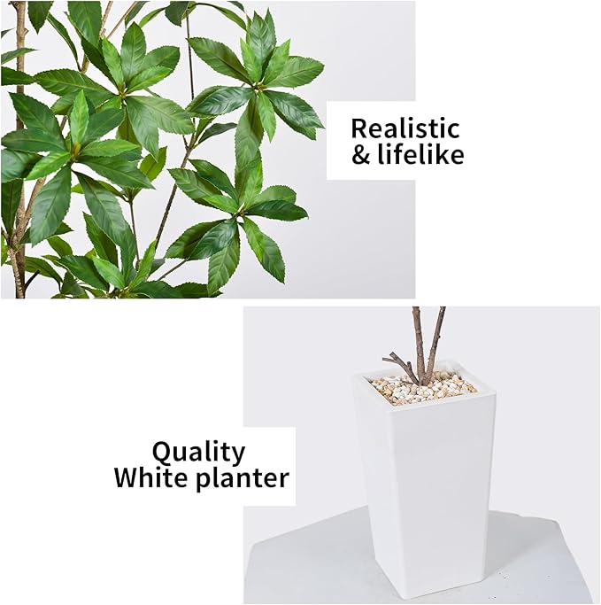 Artificial Brave Ficus Tree 5FT-Faux Tree with White Tall Planter-Fake Potted Tree with Silk Leaves-Tall Artificial Plants for Home Office Living Room Hallway Decor Indoor