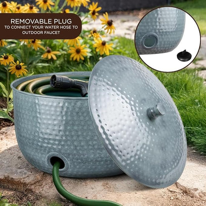 Monarch Abode Garden Hose Holder with Lid – Decorative Water Hose Holders for Outside, Hand Hammered Metal Patina Pot with Drainage, 100ft Waterhose Holder for Outside, Garden Storage Caddy