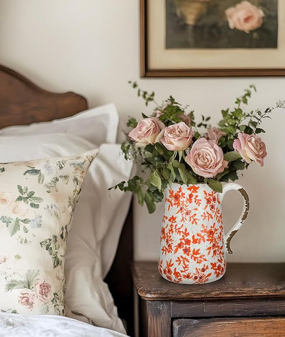 Ceramic Rustic Farmhouse Vase, 7.9" Orange Red and White Vase for Centerpieces Chinoiserie Vases Pottery Jug with Handle Chinoiserie French Country Decor Vintage Vases for Kitchen Dinner Table