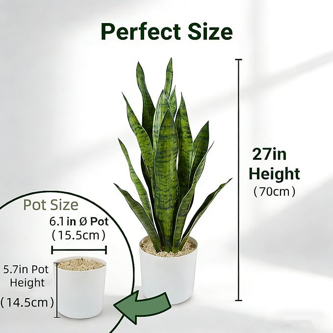 Fake Snake Plant, 27in Fake Plant with White Pot Realistic Leaves, Low Maintenance Artificial Potted Plants for Indoor Decor, No Watering Needed, Perfect for Home, Office & Pet Areas