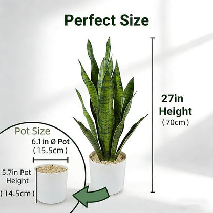 Fake Snake Plant, 27in Fake Plant with White Pot Realistic Leaves, Low Maintenance Artificial Potted Plants for Indoor Decor, No Watering Needed, Perfect for Home, Office & Pet Areas