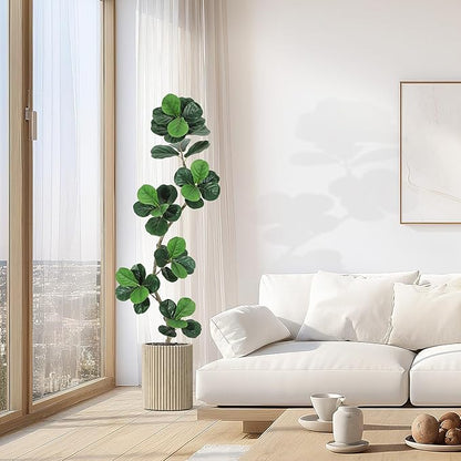 6ft Artificial Fiddle Leaf Fig Tree, Tall Fake Plants with White Planters, Artificial Plants Indoor with Realistic Moss for Home Decor Office Living Room