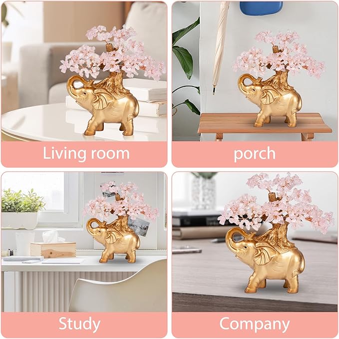 Rose Quartz Crystal Money Tree on Gold Mini Elephant Statue, 10”Gemstone Bonsai Tree of Life Home Décor Gifts for Wealth Positive Energy, Feng Shui Décor