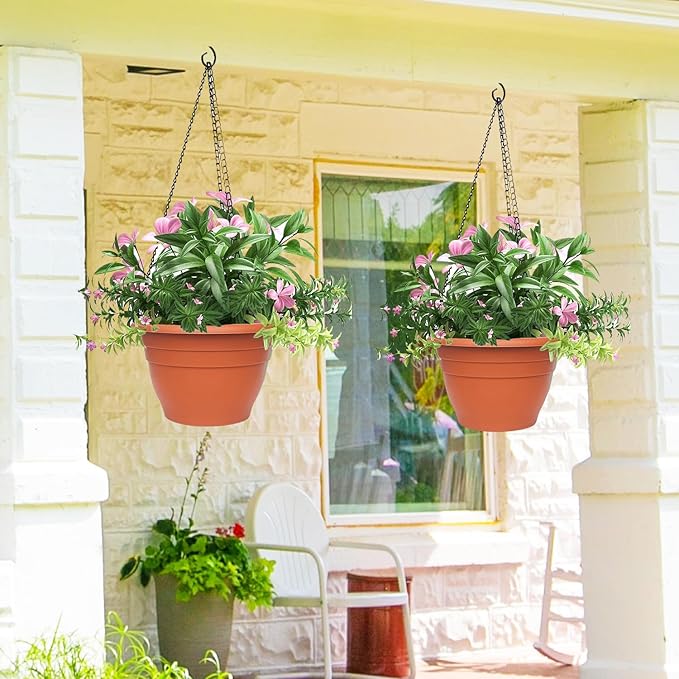 Plastic Terracotta Plant Pots Set of 5,10 Inch Flower Pots,Durable Lightweight Garden Planters with Drainage Hole for Indoor Outdoor Plants,Decor(Pottery Red)