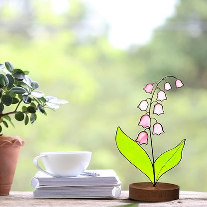 Lily of Valley Stained Glass Decor, Handmade Real Stained Glass Lily of Valley Flower Suncatchers with Walnut Wood Base, Cute Desk Windowsill Decor Plant Gifts for Women,Mom,Plant Lovers (Pink)