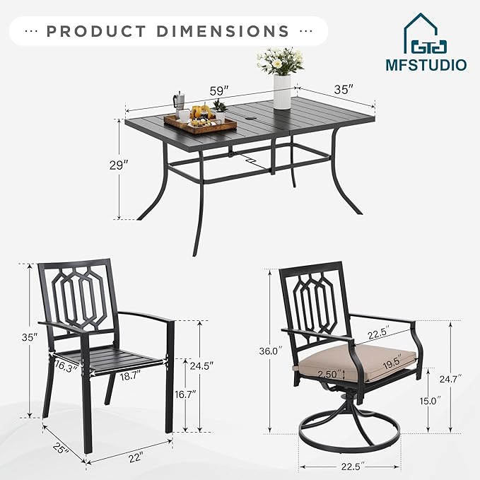 MFSTUDIO Patio Dining Set for 6, Outdoor Table and Chairs Set with Umbrella Hole, 7 Piece Outdoor Dining Set for Deck Backyard Poolside Garden