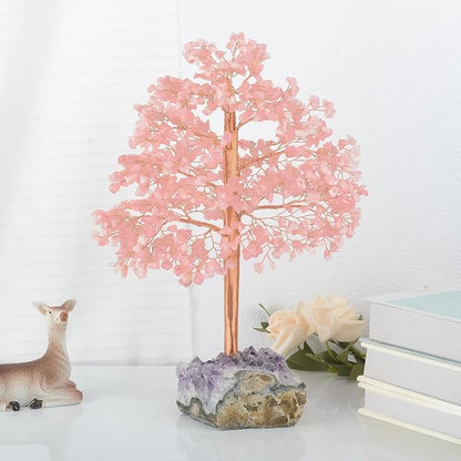 Rose Quartz Tree Gemstone Crystal Tree of Life,Amethyst Cluster Base,Healing Pink Crystal Chakra Balancing Positive Energy,Table Bonsai Feng Shui Decor Money Tree 10"-11"