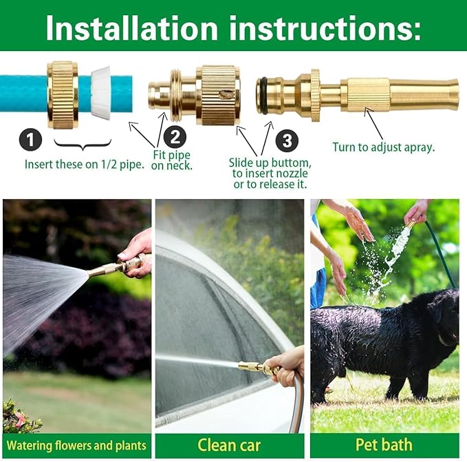 Solid Brass Garden Hose Nozzle – Heavy Duty Adjustable Twist Water Spray Nozzle, High Pressure Jet to Fine Mist, Leak-Proof Design for Gardening, Car Washing & Patio Cleaning