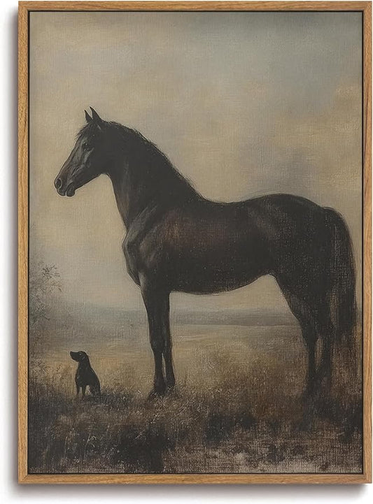 ZZLWBKGL Vintage Horse Framed Wall Art Farmhouse Animal Canvas Wall Art Horse Dog Pictures Wall Decor Rustic Art Prints for Living Room Bedroom Study