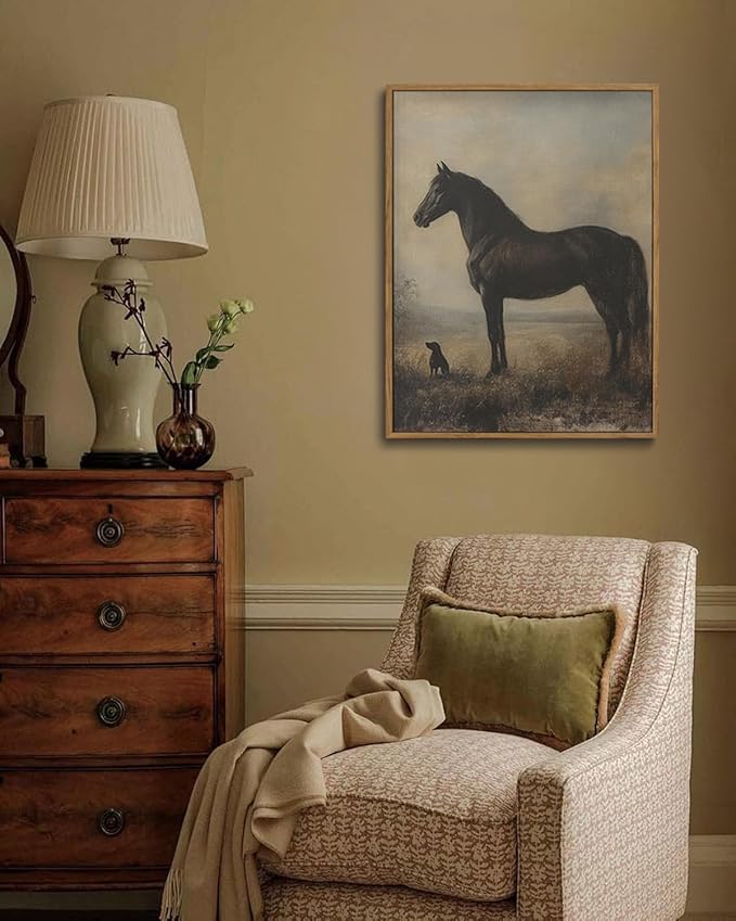 ZZLWBKGL Vintage Horse Framed Wall Art Farmhouse Animal Canvas Wall Art Horse Dog Pictures Wall Decor Rustic Art Prints for Living Room Bedroom Study