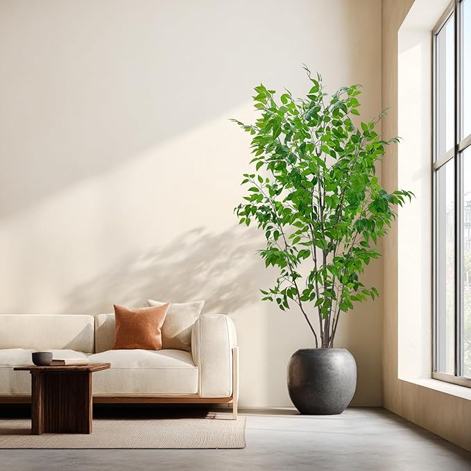 Artificial Ficus Tree with Green Leaves, 7ft Tall, Indoor Plant with Decorative Beige Planter