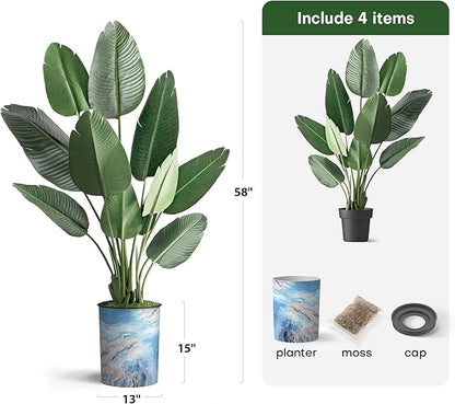 Artificial Tree in Modern Granite Effect Planter, Fake Bird of Paradise Silk Trees for Indoor and Outdoor Home Decoration - 58" Overall Tall (Plant Pot Plus Tree)