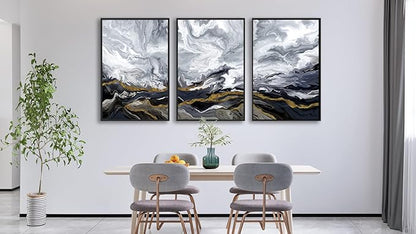 Large Framed Modern Wall Art - Abstract Landscape Cloudy Mountain Wall Decor 20"x28" Set of 3 Contemporary Grey Dark Painting Prints Marble Canvas Pictures for Living Room Bedroom Office Artwork