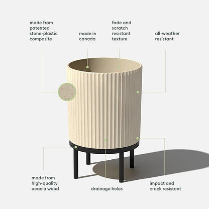 Veradek Demi Series Round Planter w/ Stand for Porch/Patio | Durable Plastic-Concrete & Wooden Stand | Modern Décor for Tall Plants, Flowers