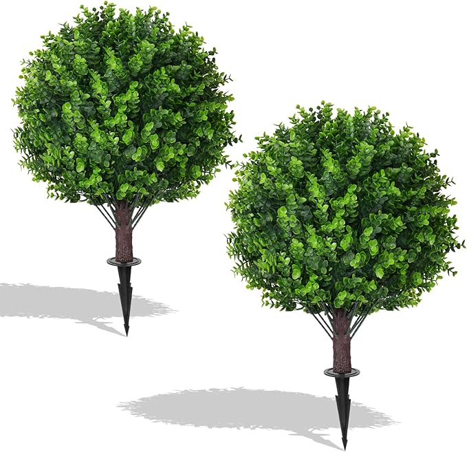 Artificial Eucalyptus Topiary Ball Trees, 2 Set of 16'' UV Resistant Fake Evergreen Shrubs Bushes Plants with Ground Spike, Fake Plants for Outdoor Indoor Front Porch Garden