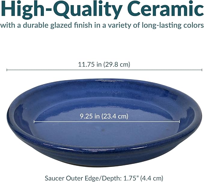 Sunnydaze 9-Inch Ceramic Plant Saucers - Plant Drip Trays for Outdoor Planter Flowerpot Drainage - Set of 4 - Imperial Blue