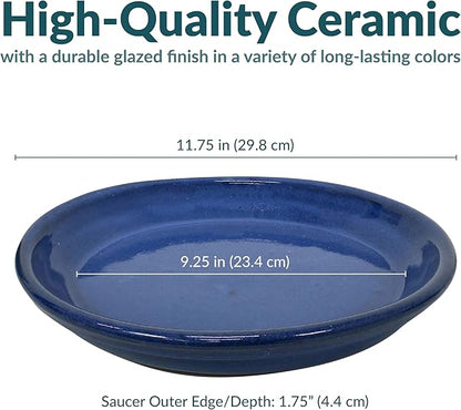 Sunnydaze 9-Inch Ceramic Plant Saucers - Plant Drip Trays for Outdoor Planter Flowerpot Drainage - Set of 4 - Imperial Blue