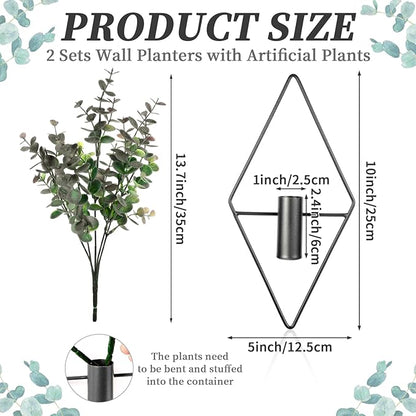 Wall Decor Hanging Planters with Artificial Plants, Modern Metal Wall Planter Set with Greenery Eucalyptus, Geometric Fake Plants for Black Decor Living Room Aesthetic (2 Pcs)